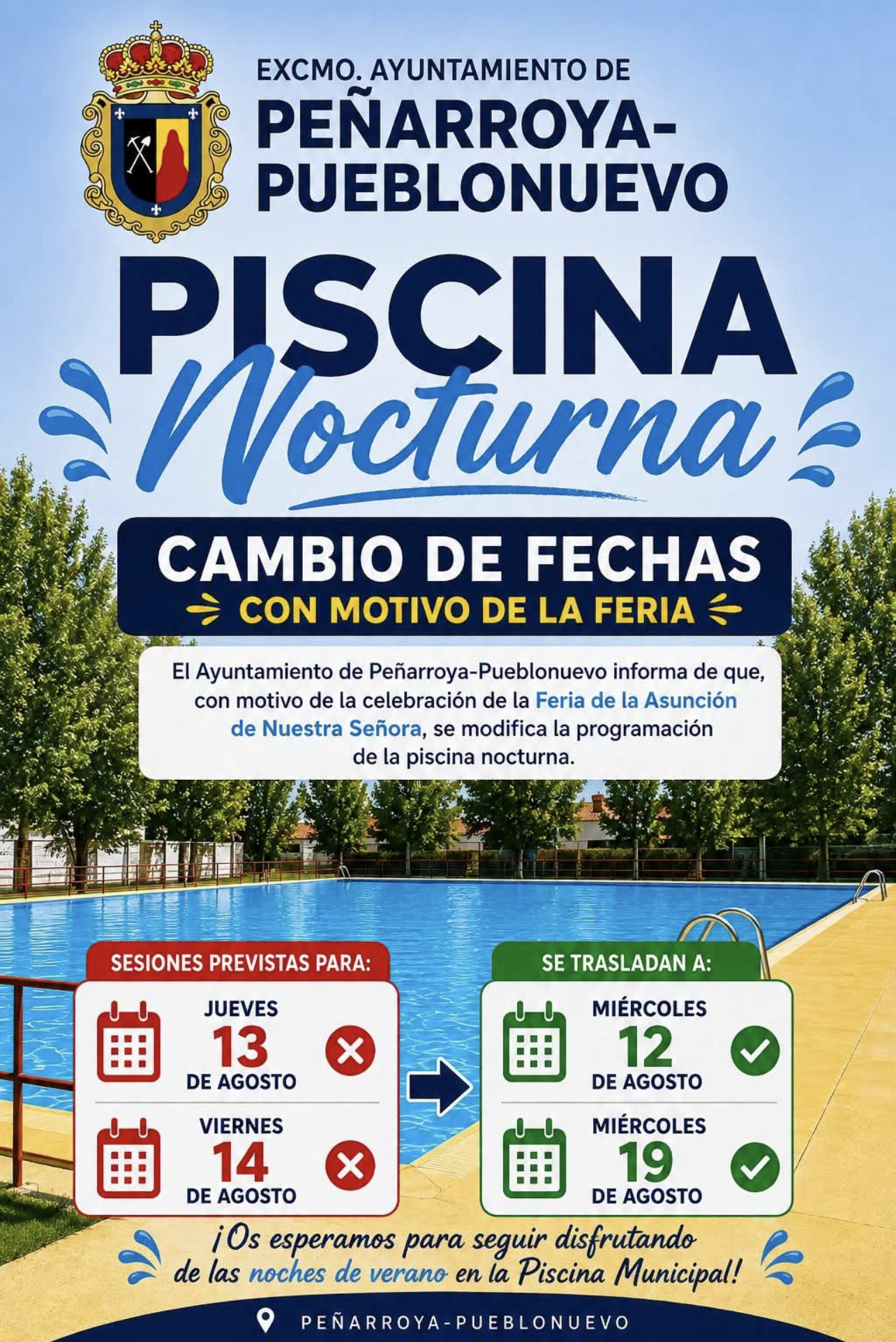 Peñarroya-Pueblonuevo modifica las fechas de la Piscina Nocturna por la Feria de la Asunción